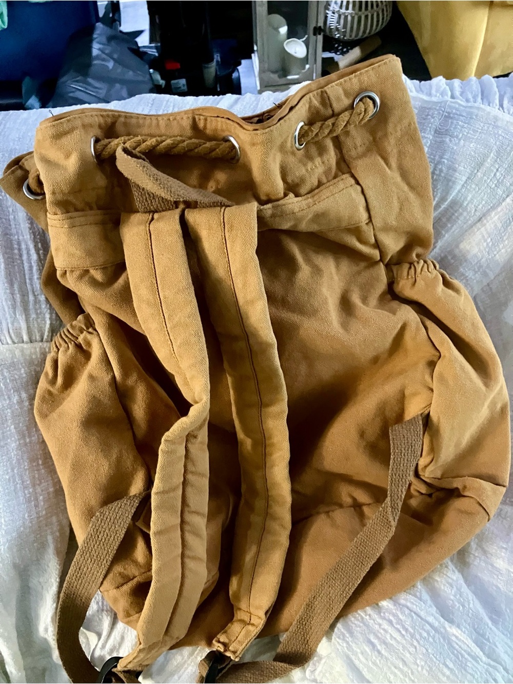 Canvas Drawstring Backpack Tote - Tan - Picture 2 of 2